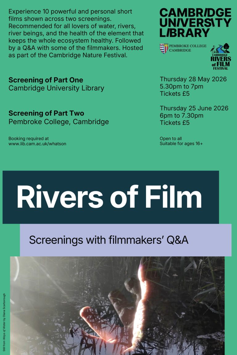 Rivers of Film poster with even details as text on green background with an image from Diana Scarborough's ways of water film of a hand in the light