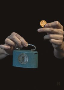 one hand holding a small Swedish piggy bank and the other holding. 2p piece